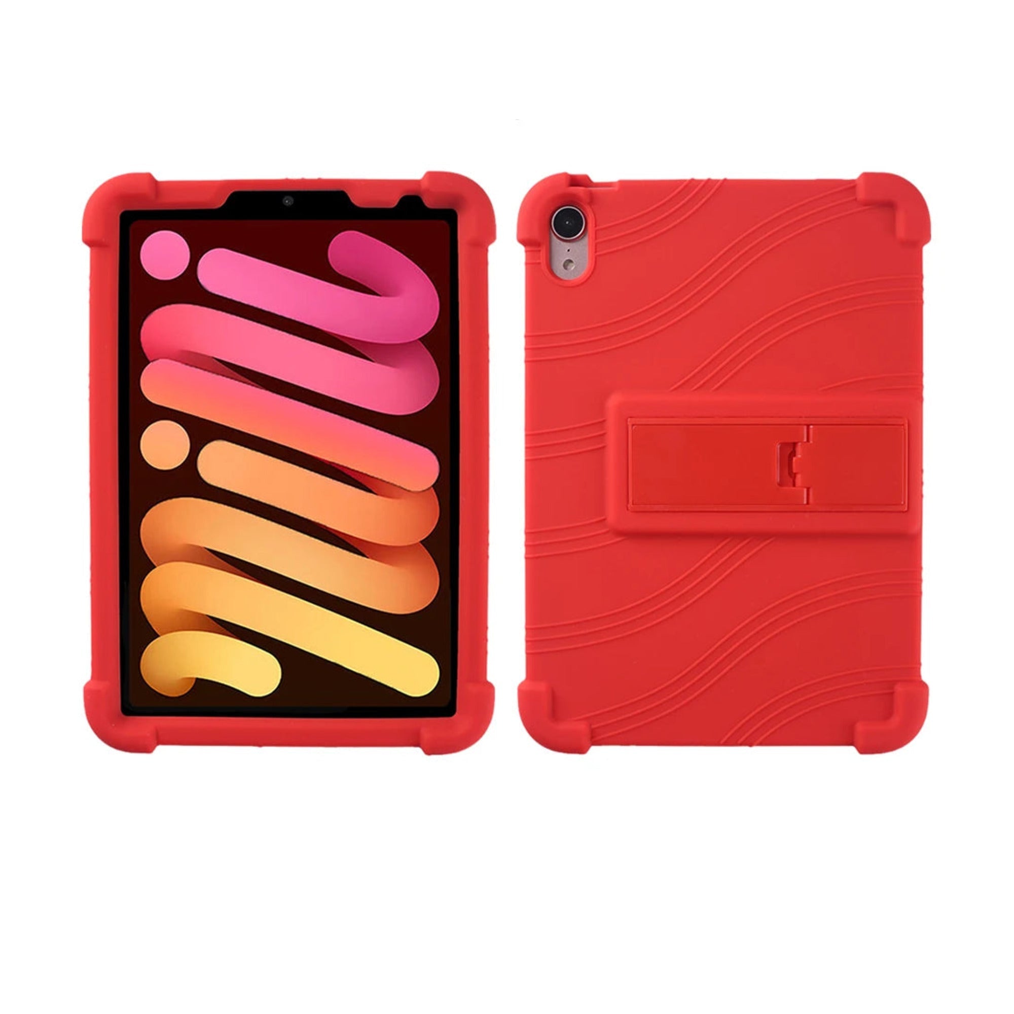 PopPad SoftShield kids iPad case in Red, front and back views with fold-out kickstand