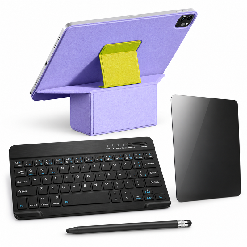 FormaLift Prism Complete — iPad Case + Keyboard, Stylus, Privacy Glass Bundle, Violet and Yellow; all included bundle items on white. Representative iPad fit; tablet not included.
