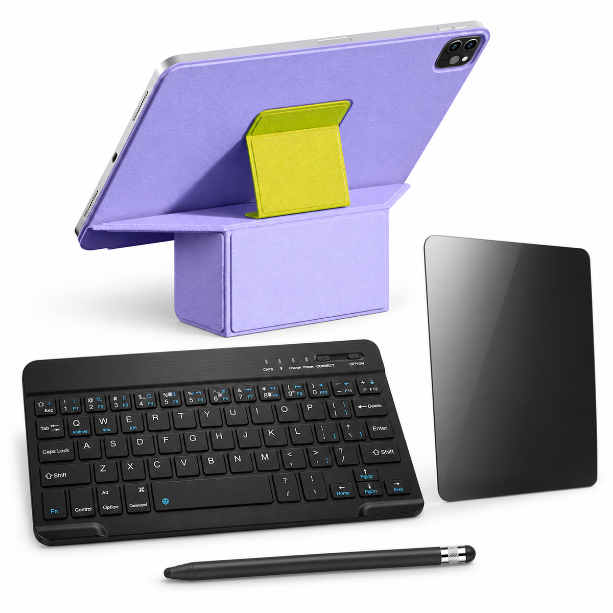 FormaLift Prism Complete — iPad Case + Keyboard, Stylus, Privacy Glass Bundle, Violet and Yellow; all included bundle items on white. Representative iPad fit; tablet not included.