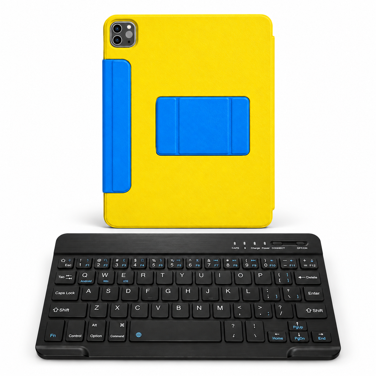 FormaLift Prism Work — iPad Case + Keyboard Bundle, Yellow and Blue; all included bundle items on white. Representative iPad fit; tablet not included.