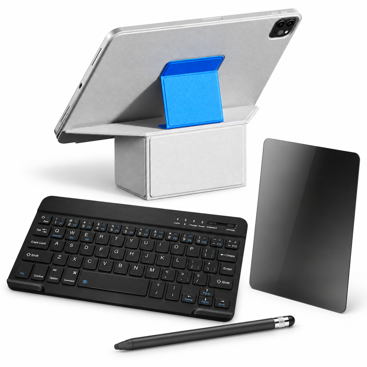 FormaLift Prism Complete — iPad Case + Keyboard, Stylus, Privacy Glass Bundle, Gray and Blue; all included bundle items on white. Representative iPad fit; tablet not included.