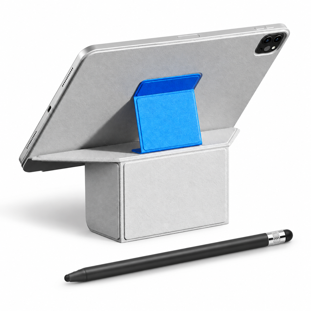 FormaLift Prism Create — iPad Case + Stylus Bundle, Gray and Blue; all included bundle items on white. Representative iPad fit; tablet not included.