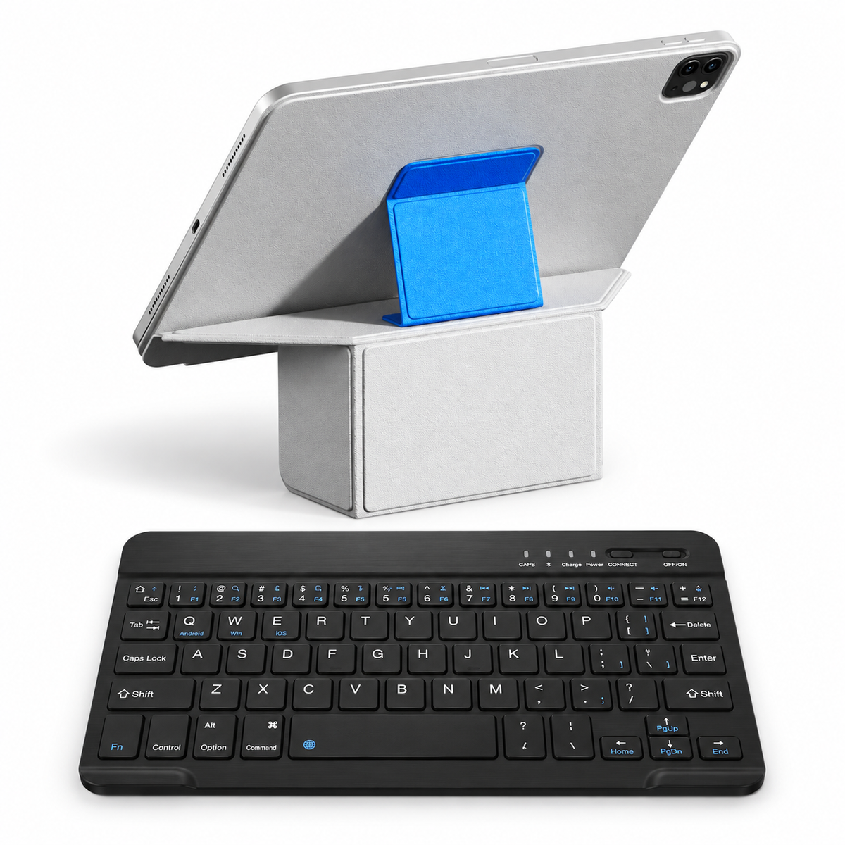 FormaLift Prism Work — iPad Case + Keyboard Bundle, Gray and Blue; all included bundle items on white. Representative iPad fit; tablet not included.