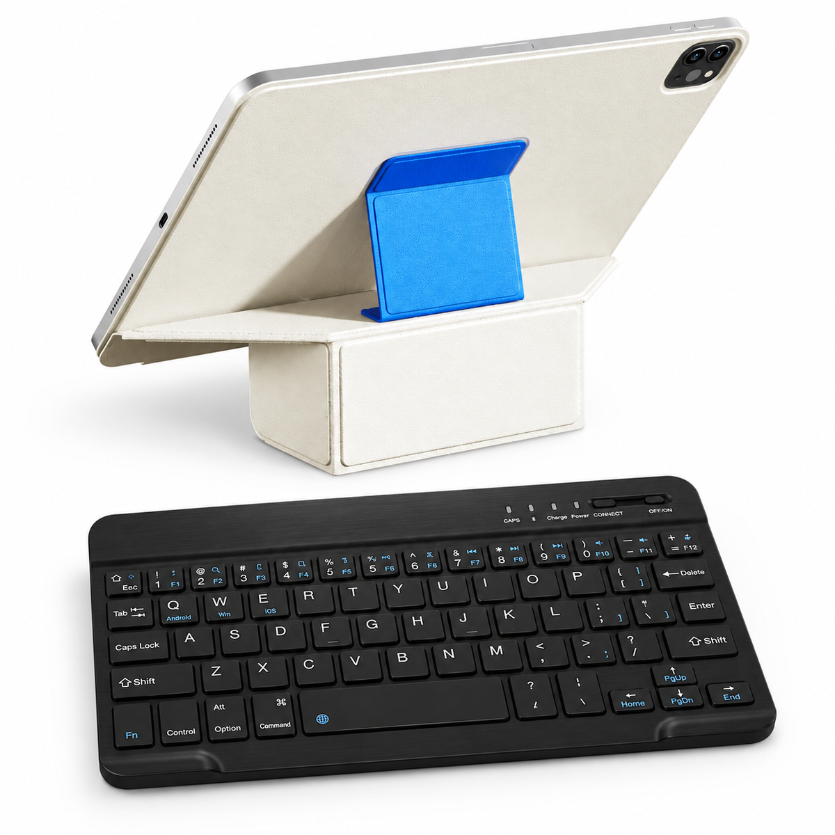 FormaLift Prism Work — iPad Case + Keyboard Bundle, White and Blue; all included bundle items on white. Representative iPad fit; tablet not included.