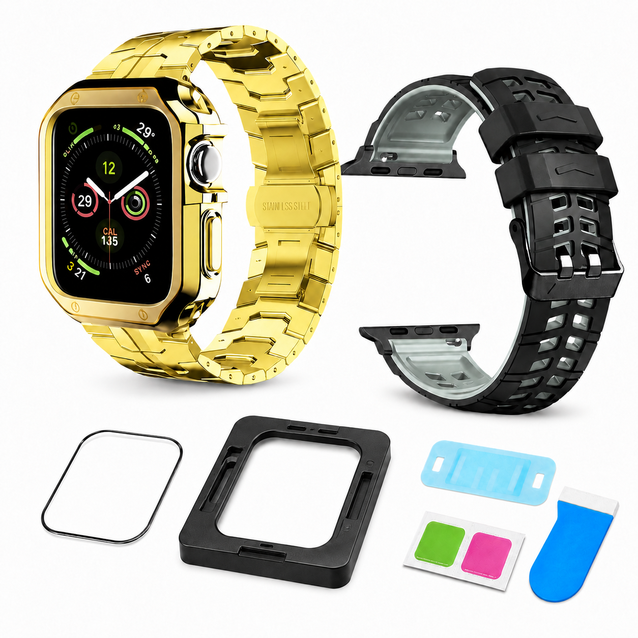 Gold Signature exact-fit accessory bundle for Apple Watch Series 10 and 11 46mm: Ascend link band and case, ActiveFlex band, and CeramiShield kit; watch not included