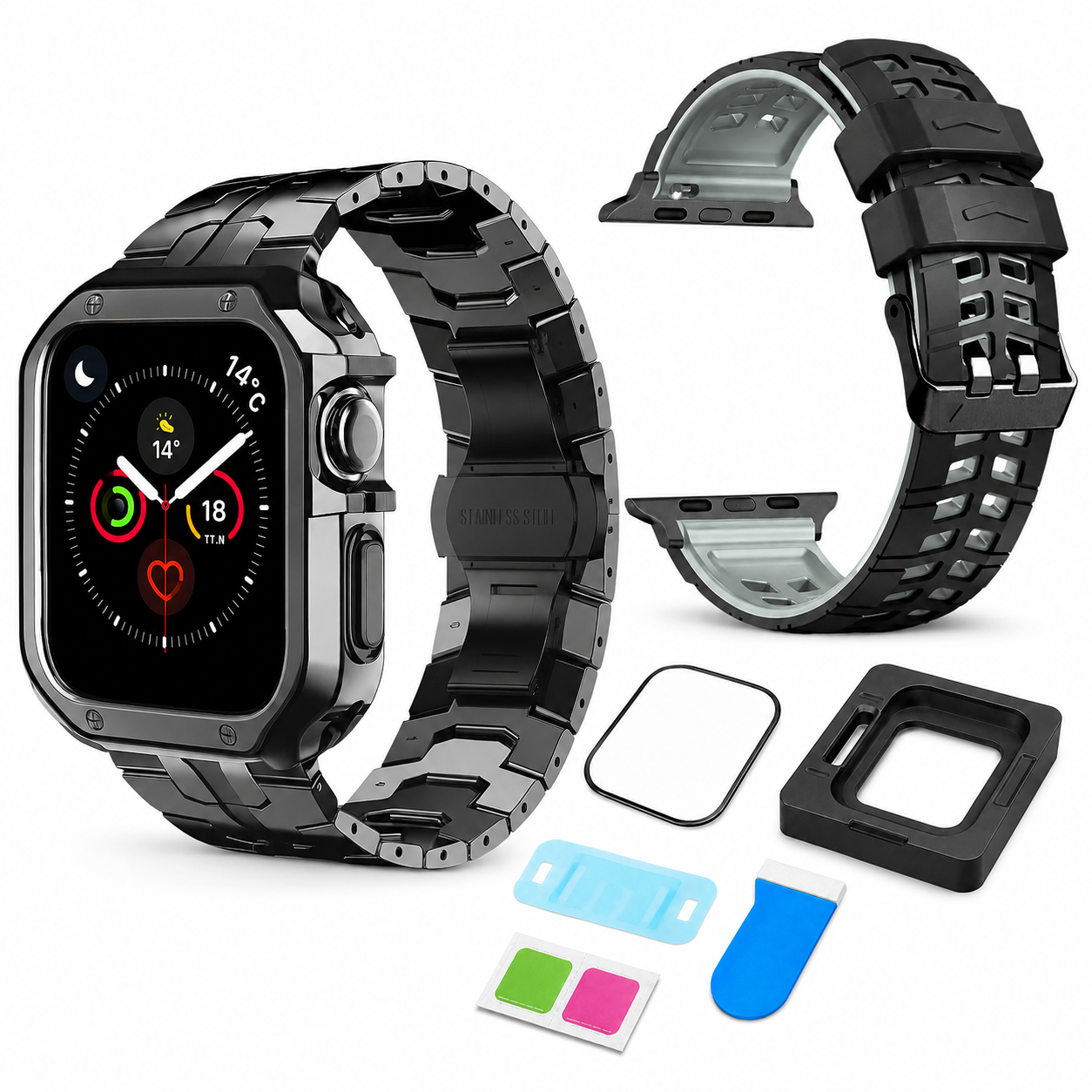 Obsidian exact-fit accessory bundle for Apple Watch Series 10 and 11 42mm: Ascend link band and case, ActiveFlex band, and CeramiShield kit; watch not included