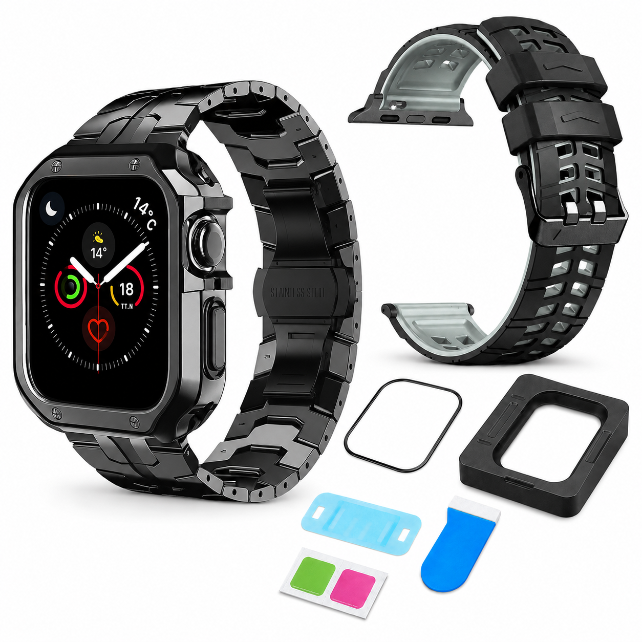 Obsidian exact-fit accessory bundle for Apple Watch Series 10 and 11 46mm: Ascend link band and case, ActiveFlex band, and CeramiShield kit; watch not included