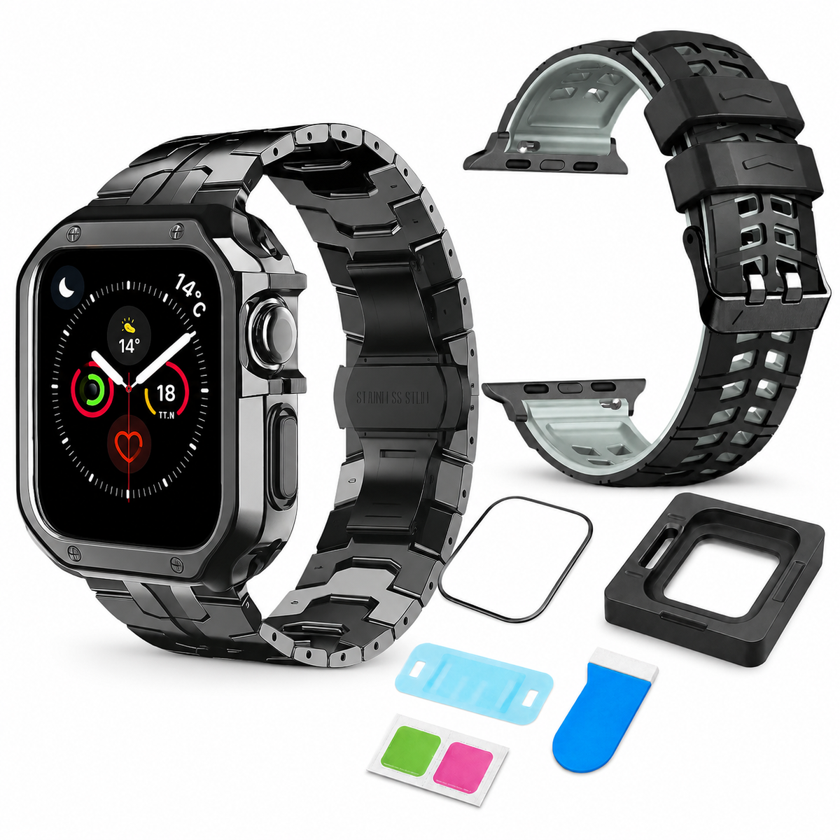 Obsidian exact-fit accessory bundle for Apple Watch Ultra 1, 2 and 3 49mm: Ascend link band and case, ActiveFlex band, and CeramiShield kit; watch not included