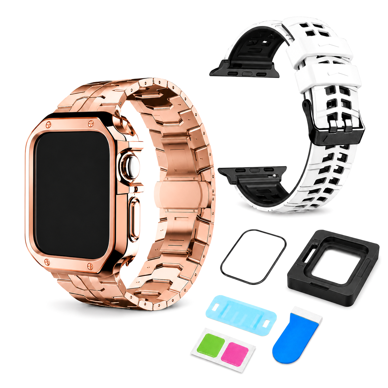 Rose Signature exact-fit accessory bundle for Apple Watch Series 10 and 11 46mm: Ascend link band and case, ActiveFlex band, and CeramiShield kit; watch not included