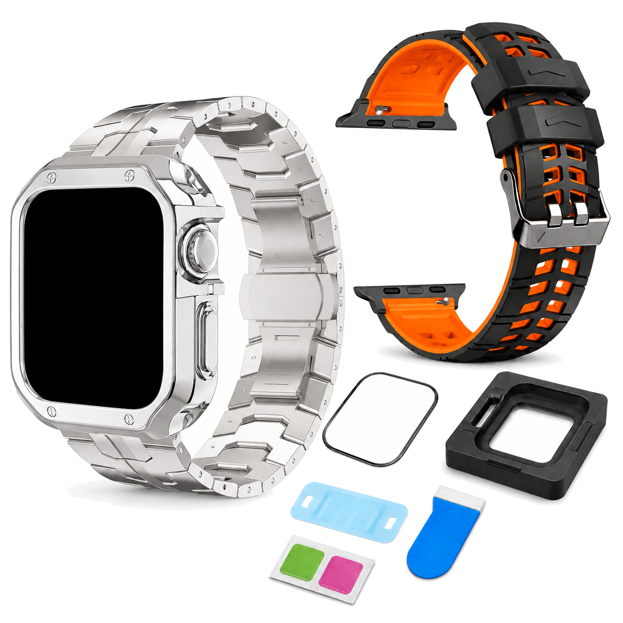 Silver and orange exact-fit accessory bundle for Apple Watch Ultra 1, 2 and 3 49mm: Ascend link band and case, ActiveFlex band, and CeramiShield kit; watch not included