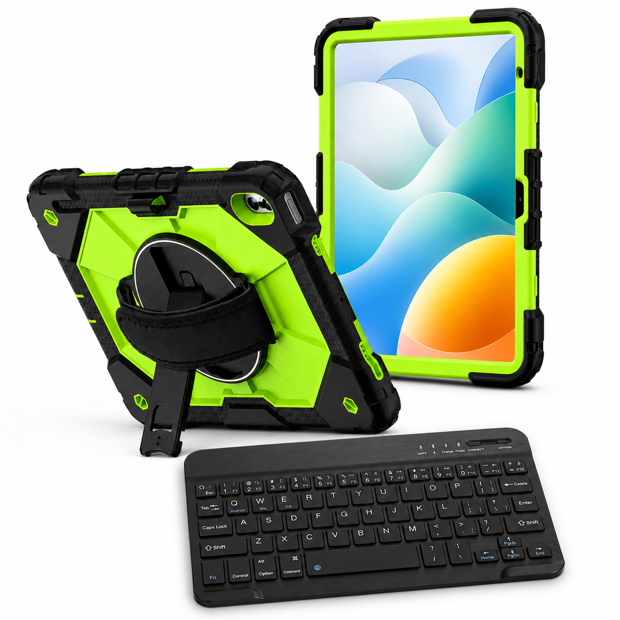 RhinoGuard Apex Command WorkForce Black and Green iPad case with black 10-inch RhinoKeys wireless keyboard