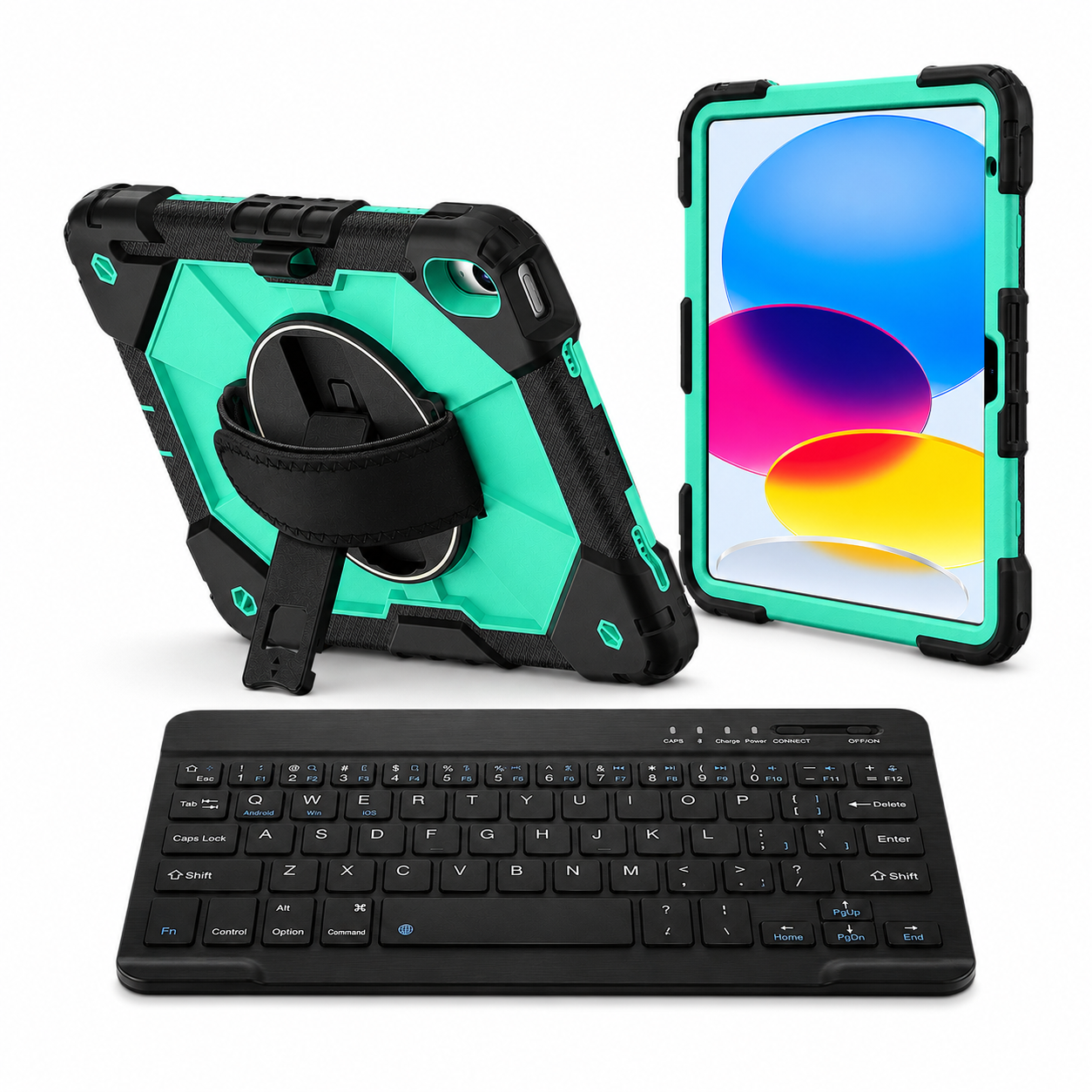 RhinoGuard Apex Command WorkForce Black and Mint Green iPad case with black 10-inch RhinoKeys wireless keyboard