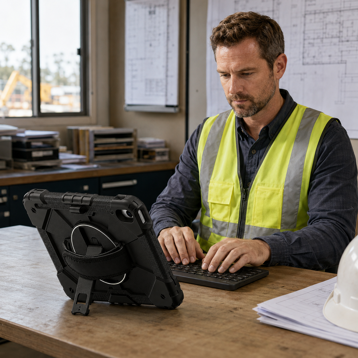 Construction professional using the Apex Command iPad case and RhinoKeys keyboard