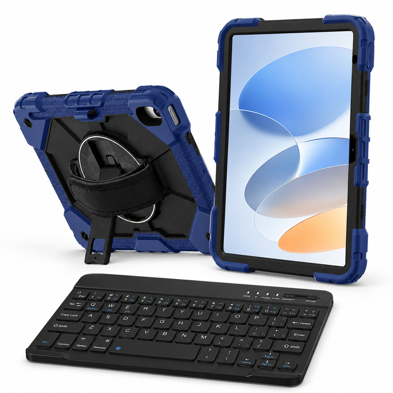 RhinoGuard Apex Command WorkForce Navy Blue and Black iPad case with black 10-inch RhinoKeys wireless keyboard
