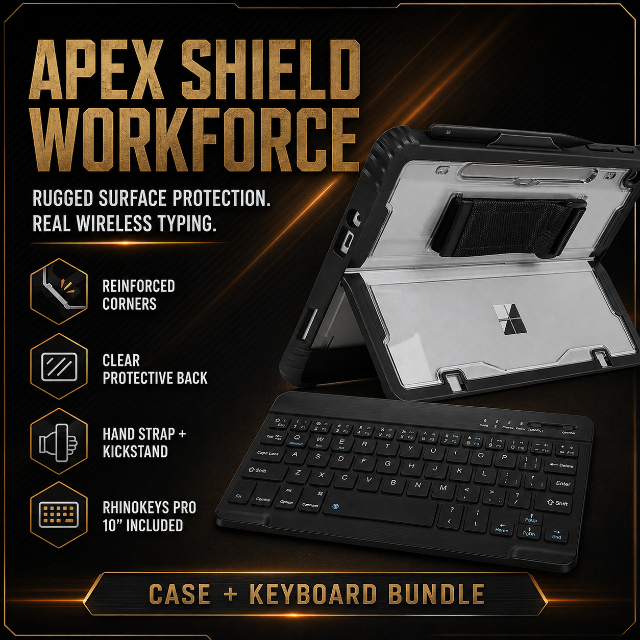RhinoGuard Apex Shield WorkForce Surface case and RhinoKeys Pro keyboard with reinforced corners, clear protective back, hand strap and kickstand