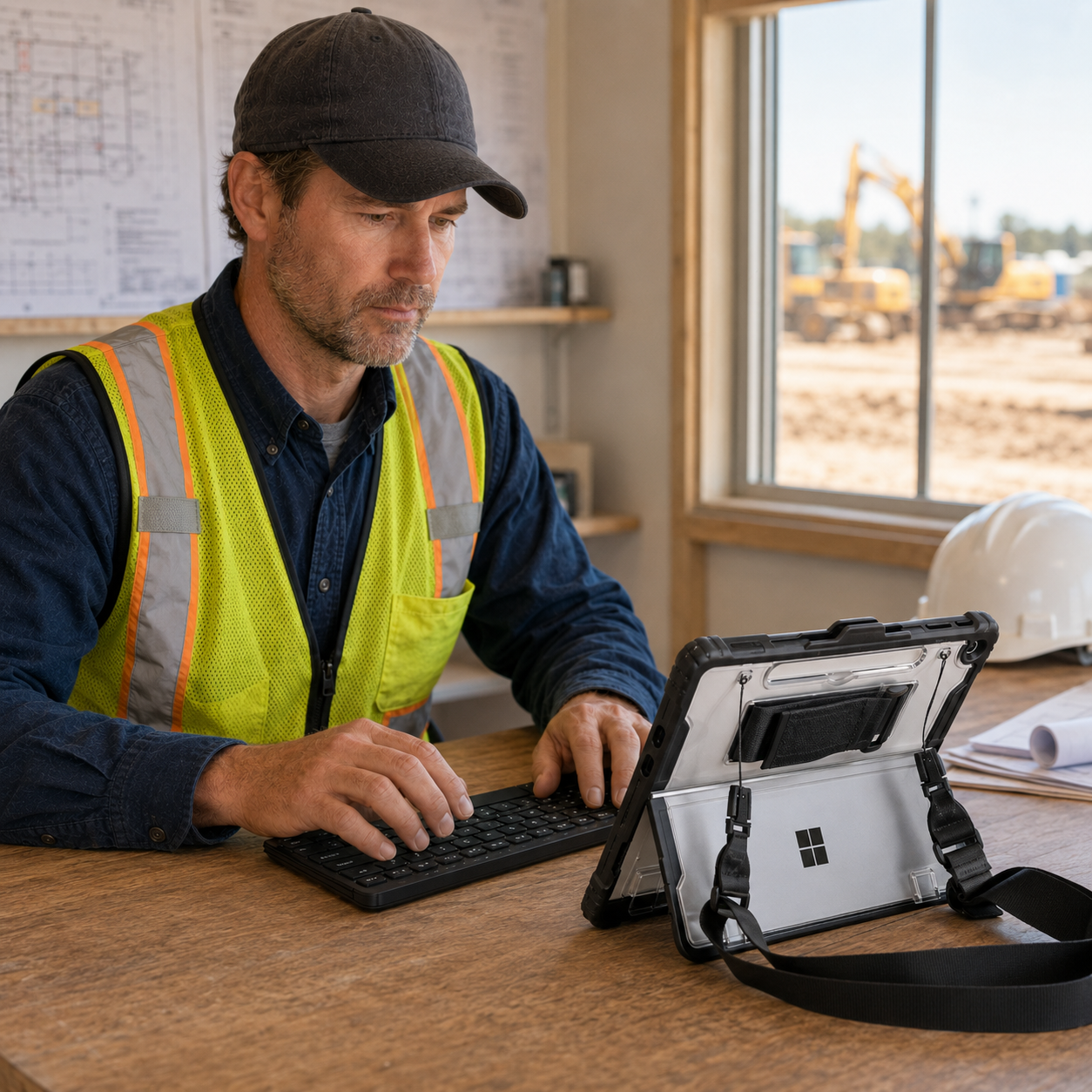 Field professional using RhinoGuard Apex Shield Surface case and RhinoKeys Pro keyboard at a construction site office