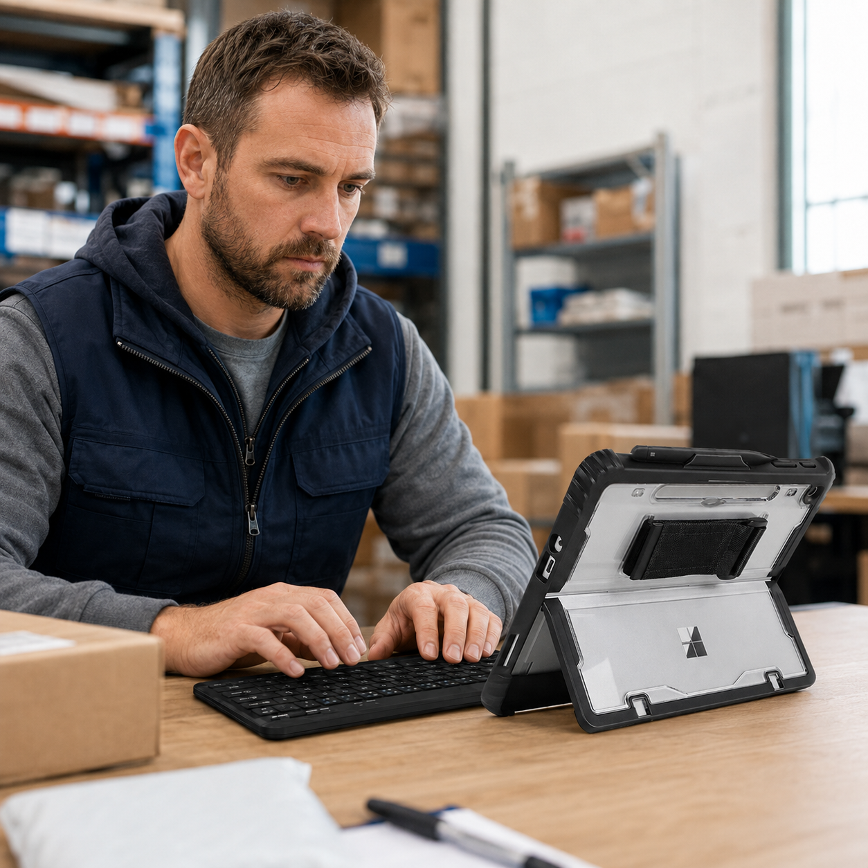 Warehouse professional using RhinoGuard Apex Shield Surface case and RhinoKeys Pro keyboard at an operations station