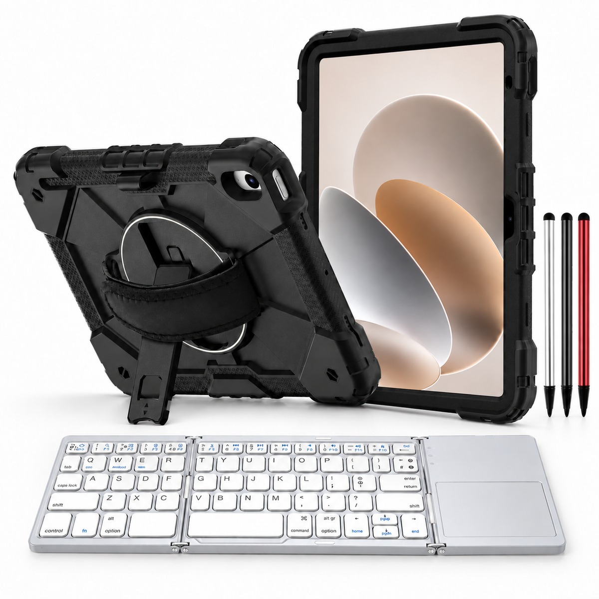 RhinoGuard Apex Command WorkForce Fold: Black / Black iPad case, silver folding keyboard and black, silver and red stylus 3-pack