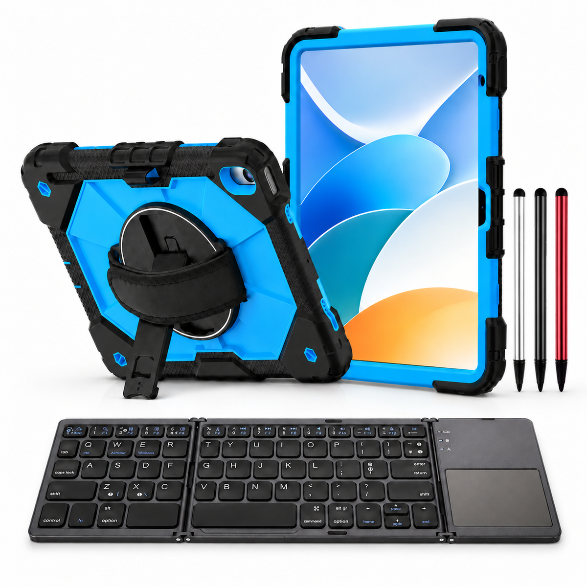 RhinoGuard Apex Command WorkForce Fold: Black / Electric Blue iPad case, black folding keyboard and black, silver and red stylus 3-pack