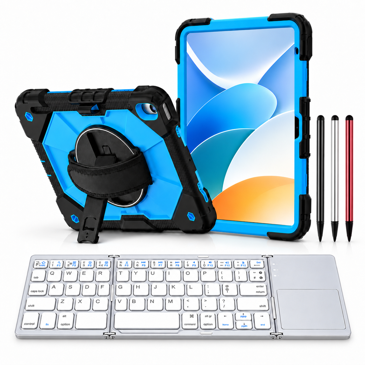 RhinoGuard Apex Command WorkForce Fold: Black / Electric Blue iPad case, silver folding keyboard and black, silver and red stylus 3-pack