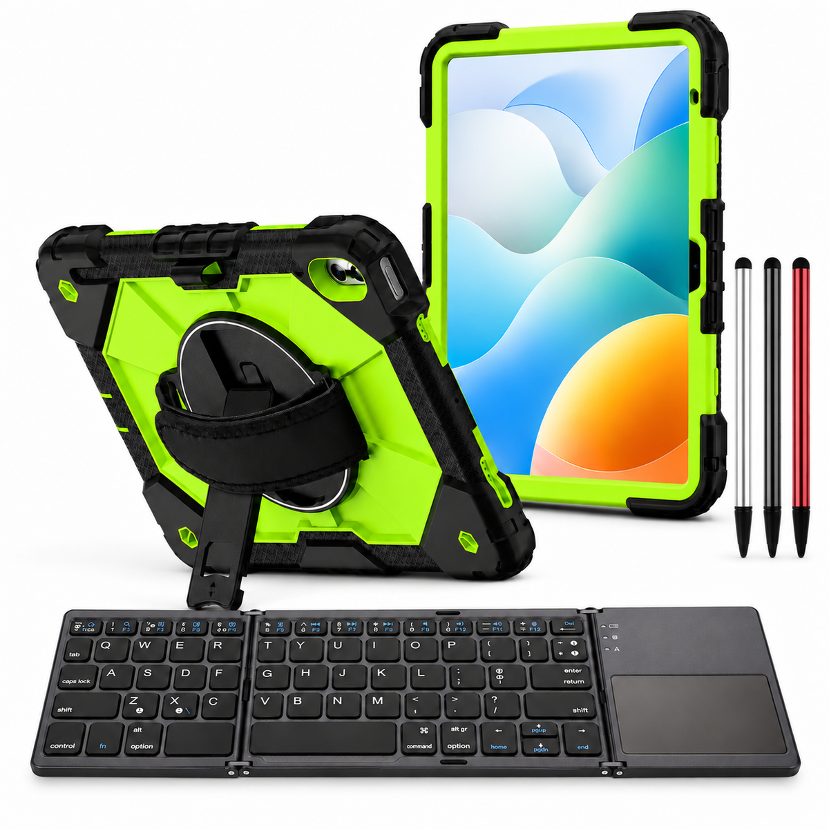 RhinoGuard Apex Command WorkForce Fold: Black / Green iPad case, black folding keyboard and black, silver and red stylus 3-pack