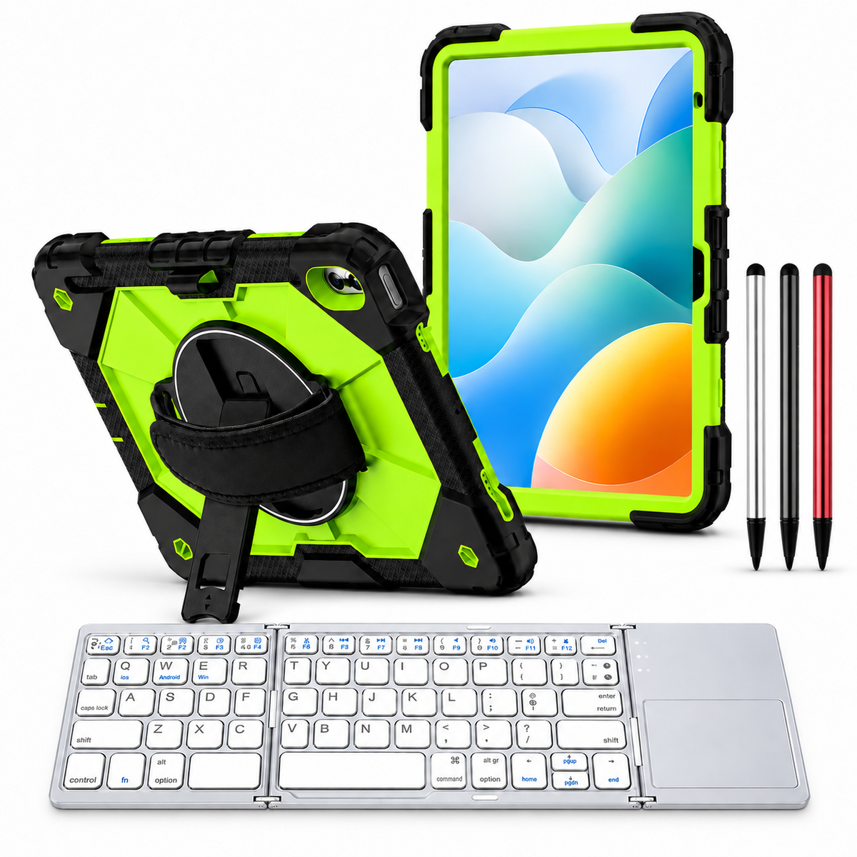 RhinoGuard Apex Command WorkForce Fold: Black / Green iPad case, silver folding keyboard and black, silver and red stylus 3-pack