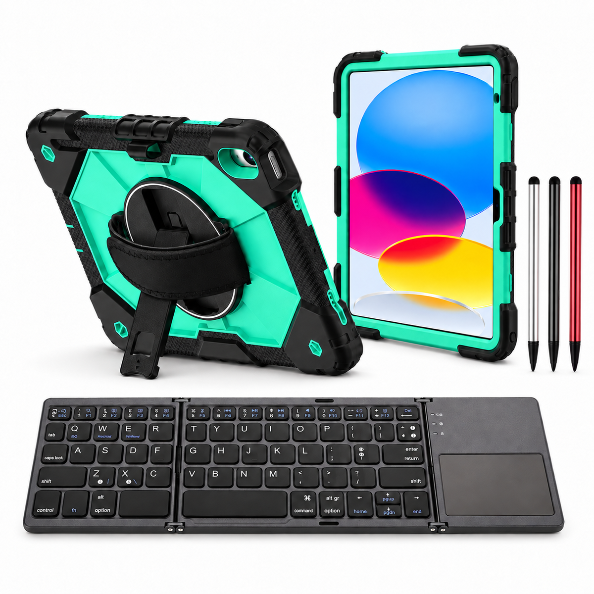 RhinoGuard Apex Command WorkForce Fold: Black / Mint Green iPad case, black folding keyboard and black, silver and red stylus 3-pack