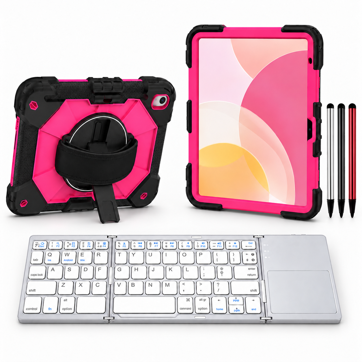 RhinoGuard Apex Command WorkForce Fold: Black / Rose iPad case, silver folding keyboard and black, silver and red stylus 3-pack
