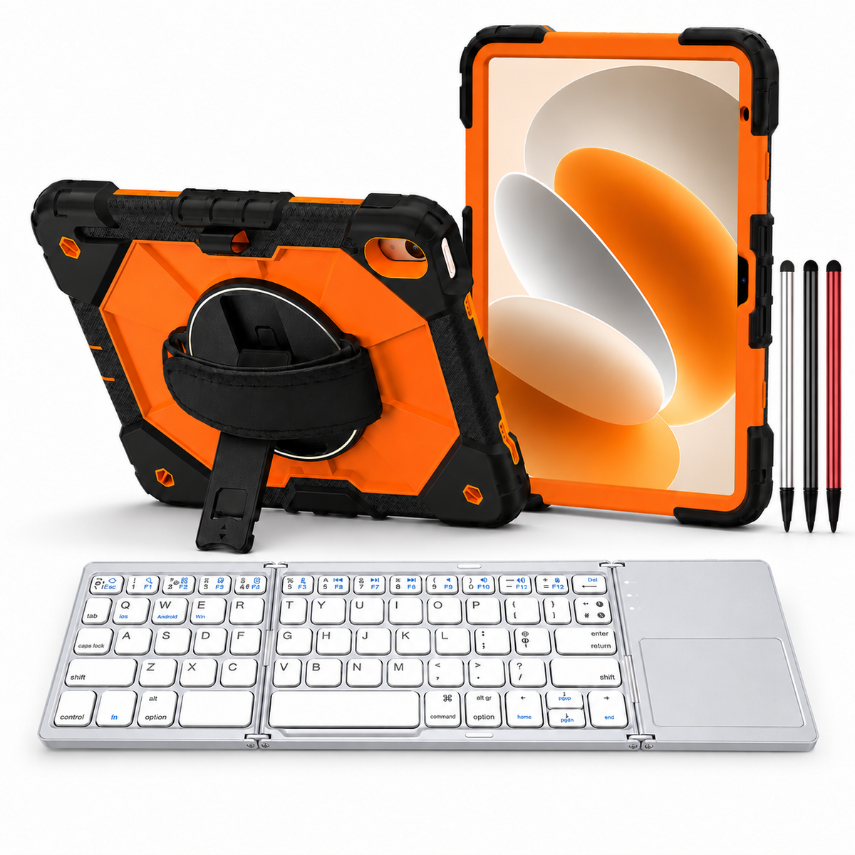 RhinoGuard Apex Command WorkForce Fold: Black / Safety Orange iPad case, silver folding keyboard and black, silver and red stylus 3-pack