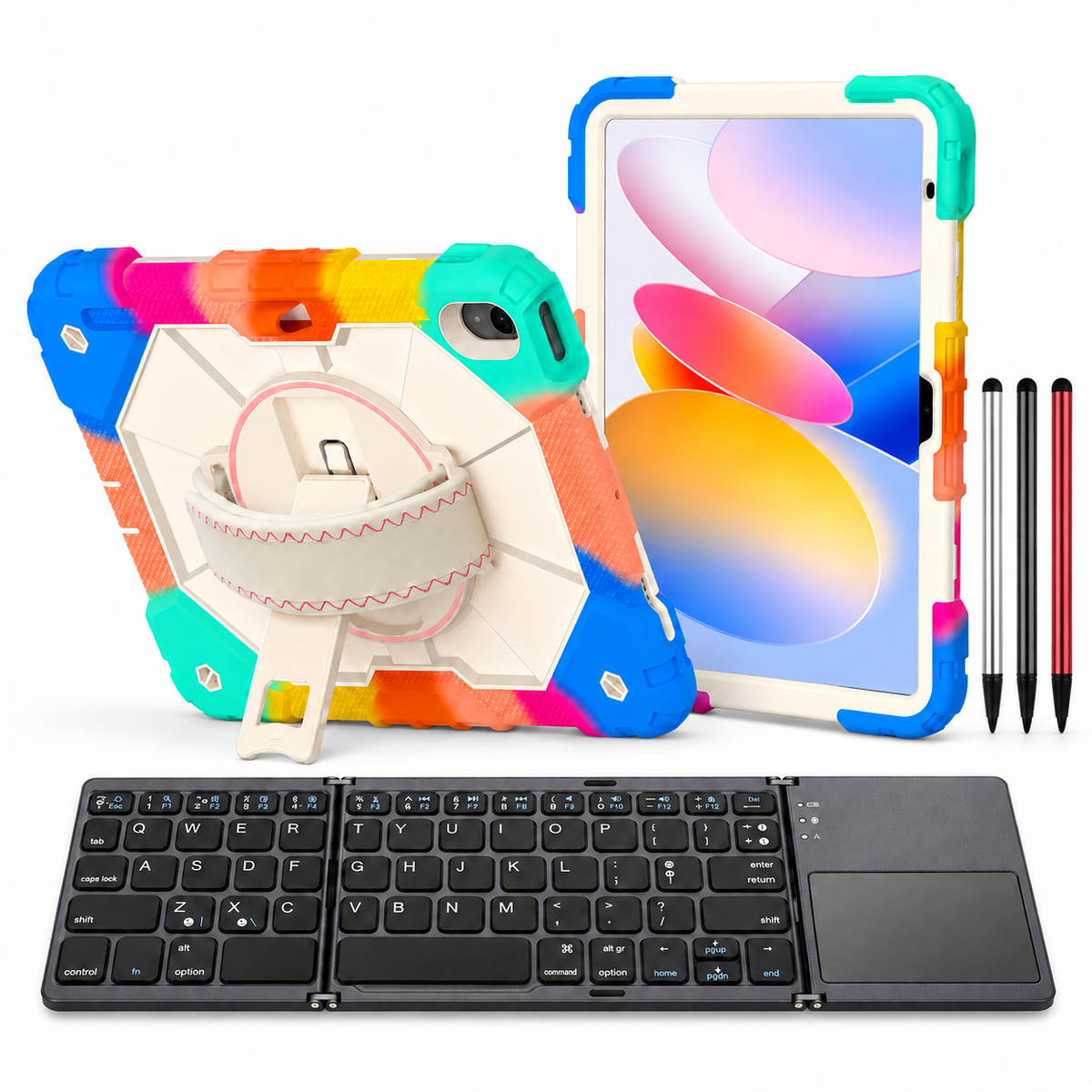 RhinoGuard Apex Command WorkForce Fold: Colorful Blue iPad case, black folding keyboard and black, silver and red stylus 3-pack