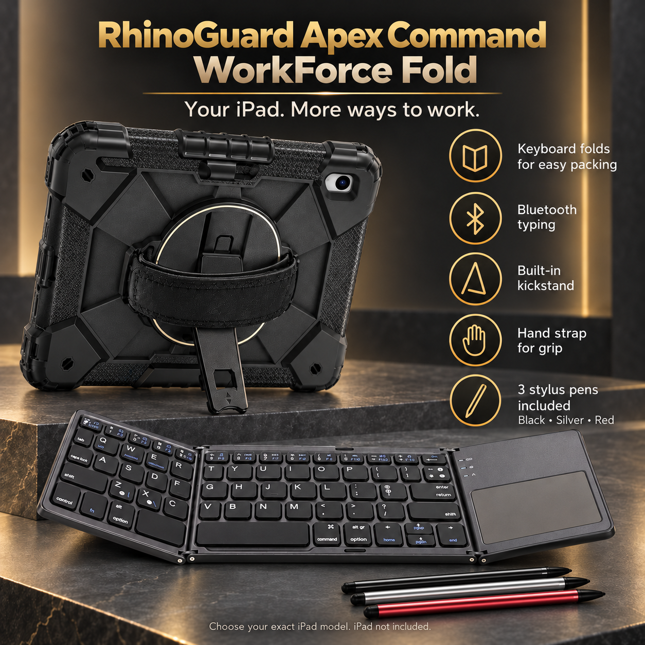 RhinoGuard Apex Command WorkForce Fold features with folding keyboard and black, silver and red stylus 3-pack