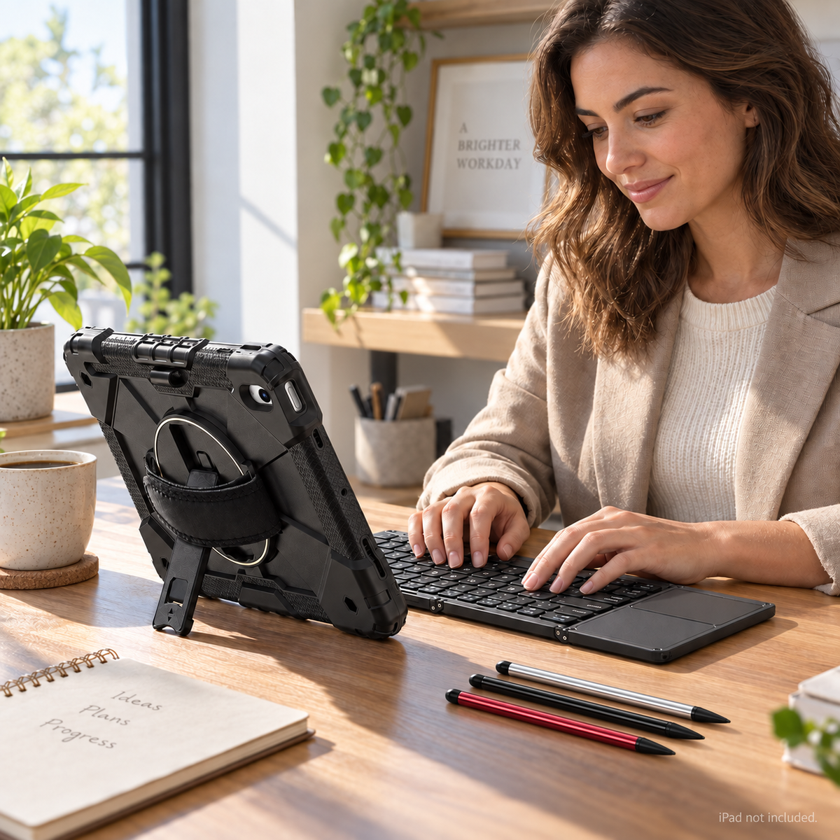 RhinoGuard Apex Command WorkForce Fold lifestyle desk with folding keyboard and black, silver and red stylus 3-pack