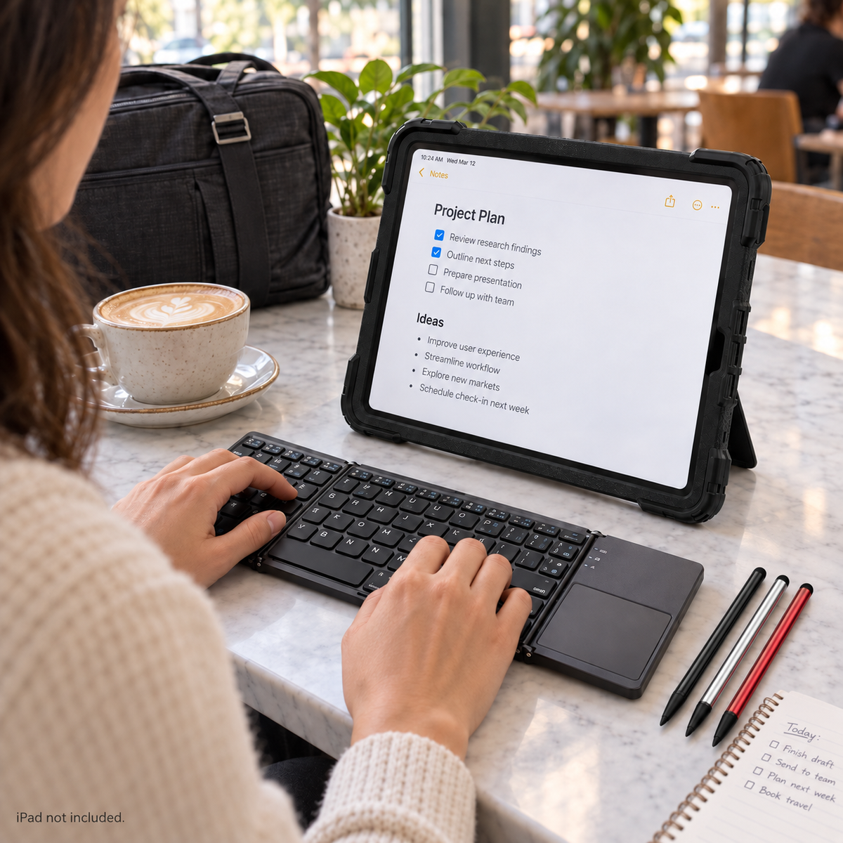 RhinoGuard Apex Command WorkForce Fold lifestyle mobile with folding keyboard and black, silver and red stylus 3-pack