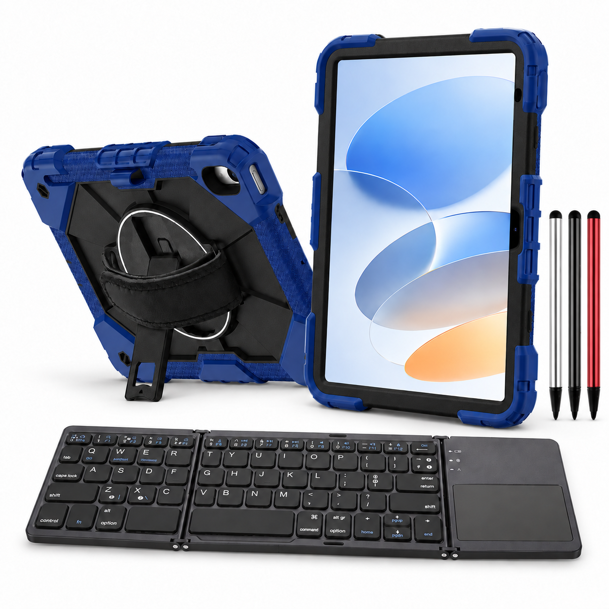 RhinoGuard Apex Command WorkForce Fold: Navy Blue / Black iPad case, black folding keyboard and black, silver and red stylus 3-pack