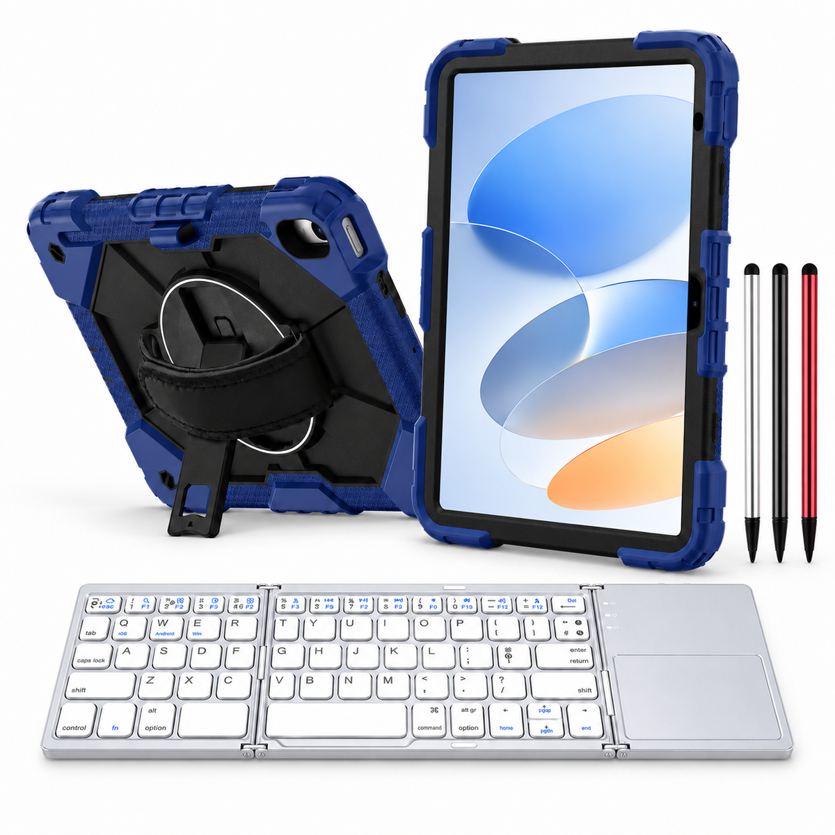 RhinoGuard Apex Command WorkForce Fold: Navy Blue / Black iPad case, silver folding keyboard and black, silver and red stylus 3-pack