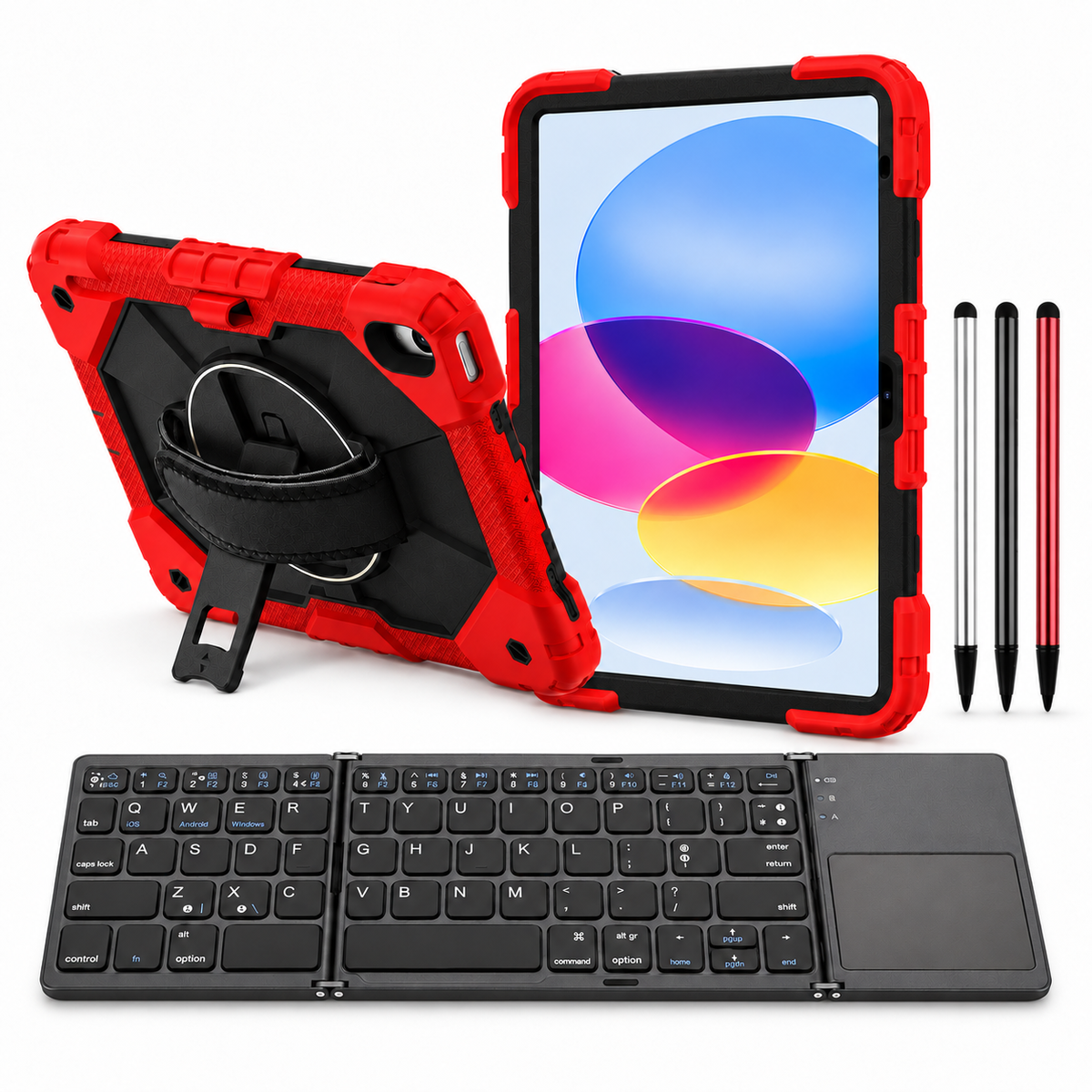 RhinoGuard Apex Command WorkForce Fold: Red / Black iPad case, black folding keyboard and black, silver and red stylus 3-pack