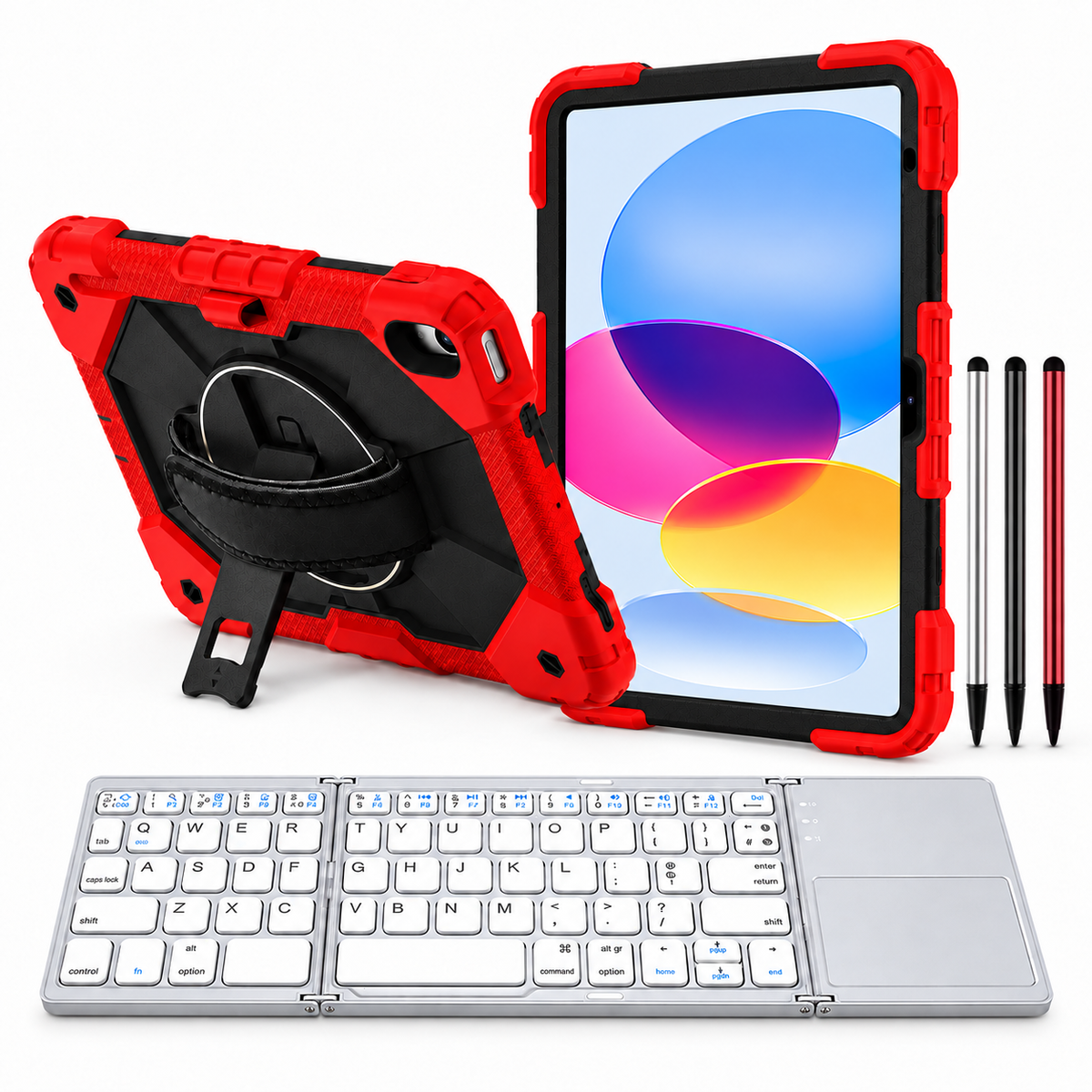 RhinoGuard Apex Command WorkForce Fold: Red / Black iPad case, silver folding keyboard and black, silver and red stylus 3-pack