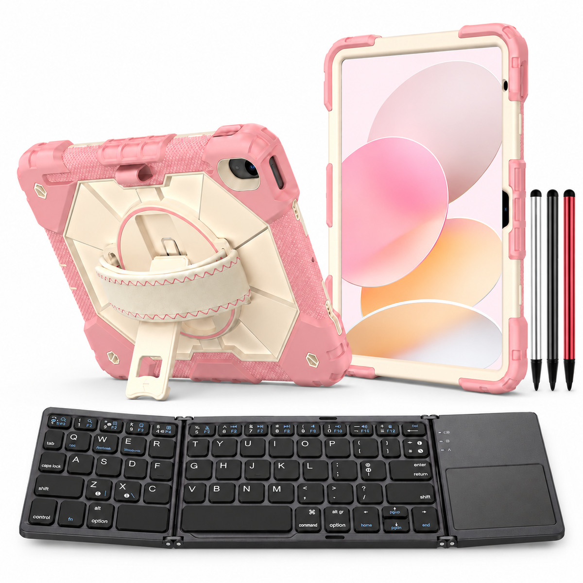 RhinoGuard Apex Command WorkForce Fold: Rose Gold iPad case, black folding keyboard and black, silver and red stylus 3-pack