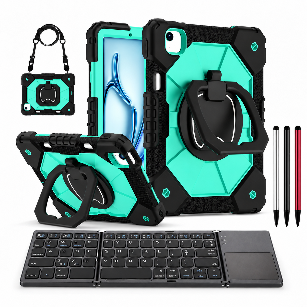 RhinoGuard ArmorPro WorkForce Fold: Black Mint iPad case, black folding keyboard and black, silver and red stylus 3-pack