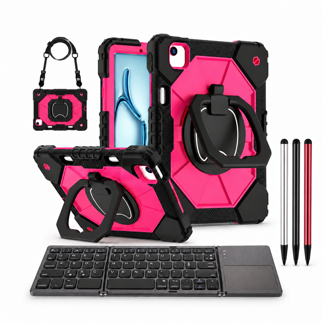 RhinoGuard ArmorPro WorkForce Fold: Black Rose iPad case, black folding keyboard and black, silver and red stylus 3-pack