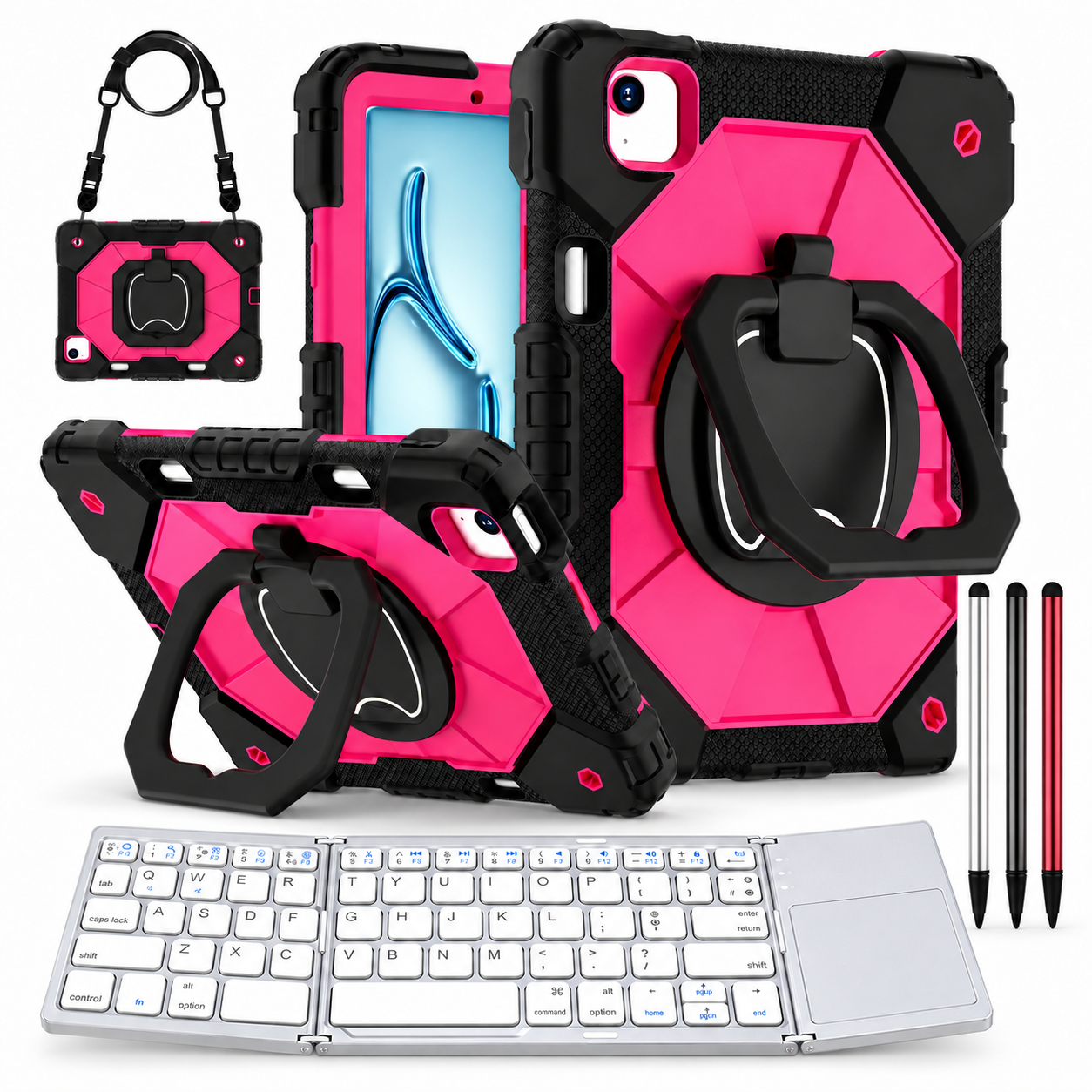 RhinoGuard ArmorPro WorkForce Fold: Black Rose iPad case, silver folding keyboard and black, silver and red stylus 3-pack