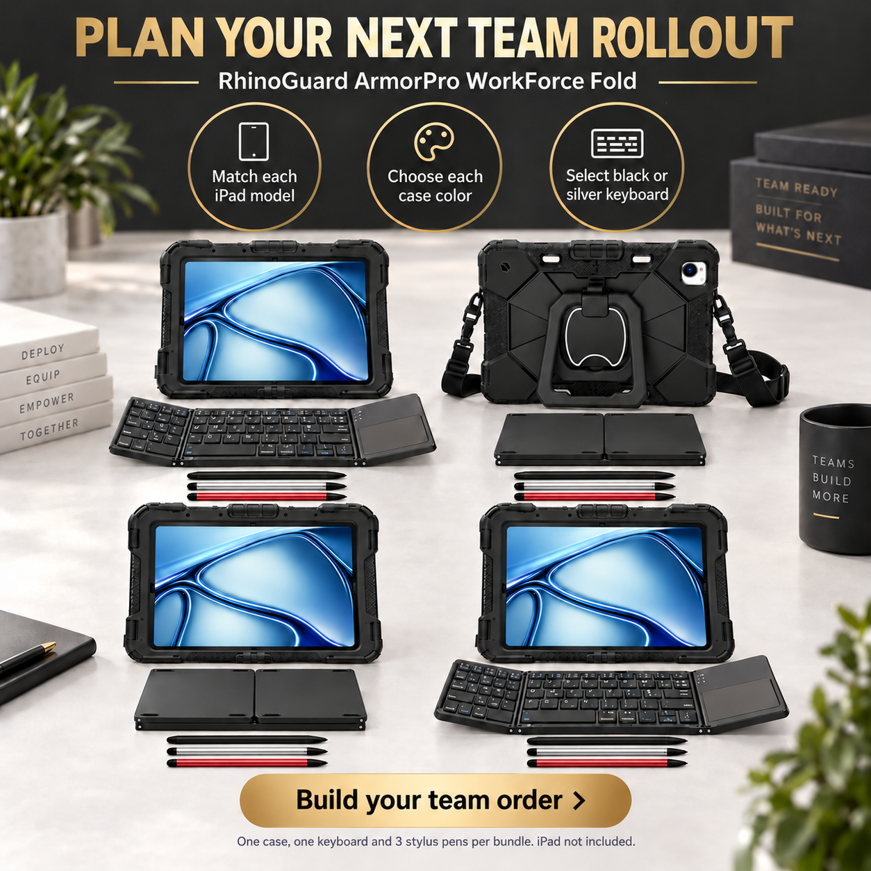 RhinoGuard ArmorPro WorkForce Fold bulk rollout with folding keyboard and black, silver and red stylus 3-pack