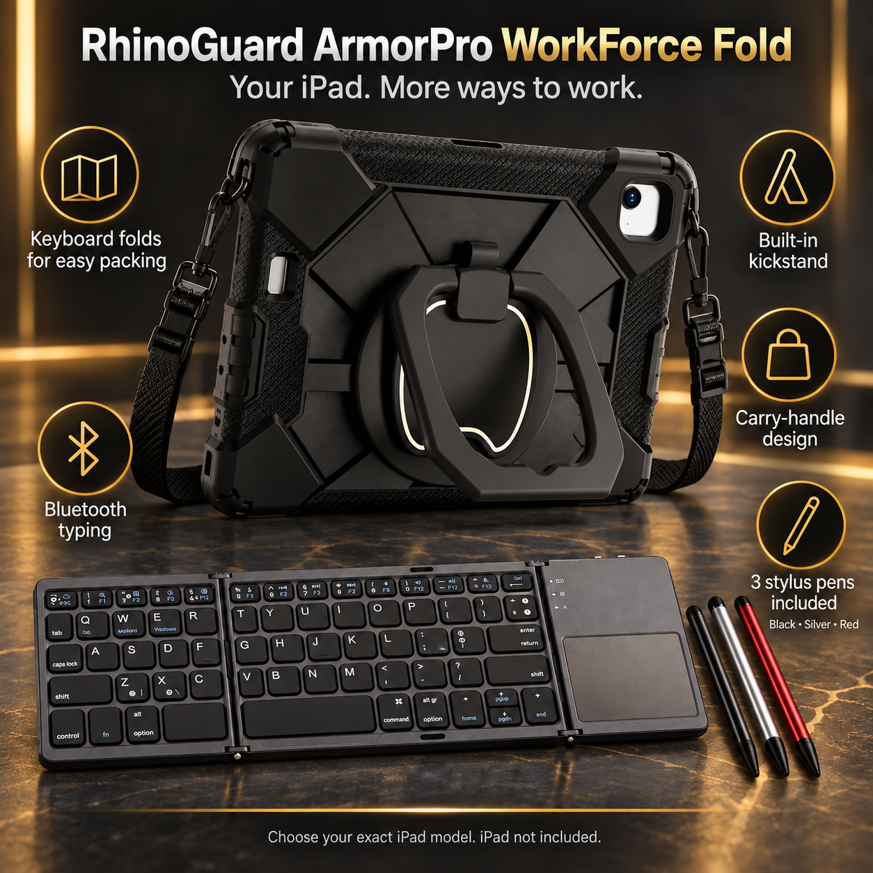 RhinoGuard ArmorPro WorkForce Fold features with folding keyboard and black, silver and red stylus 3-pack