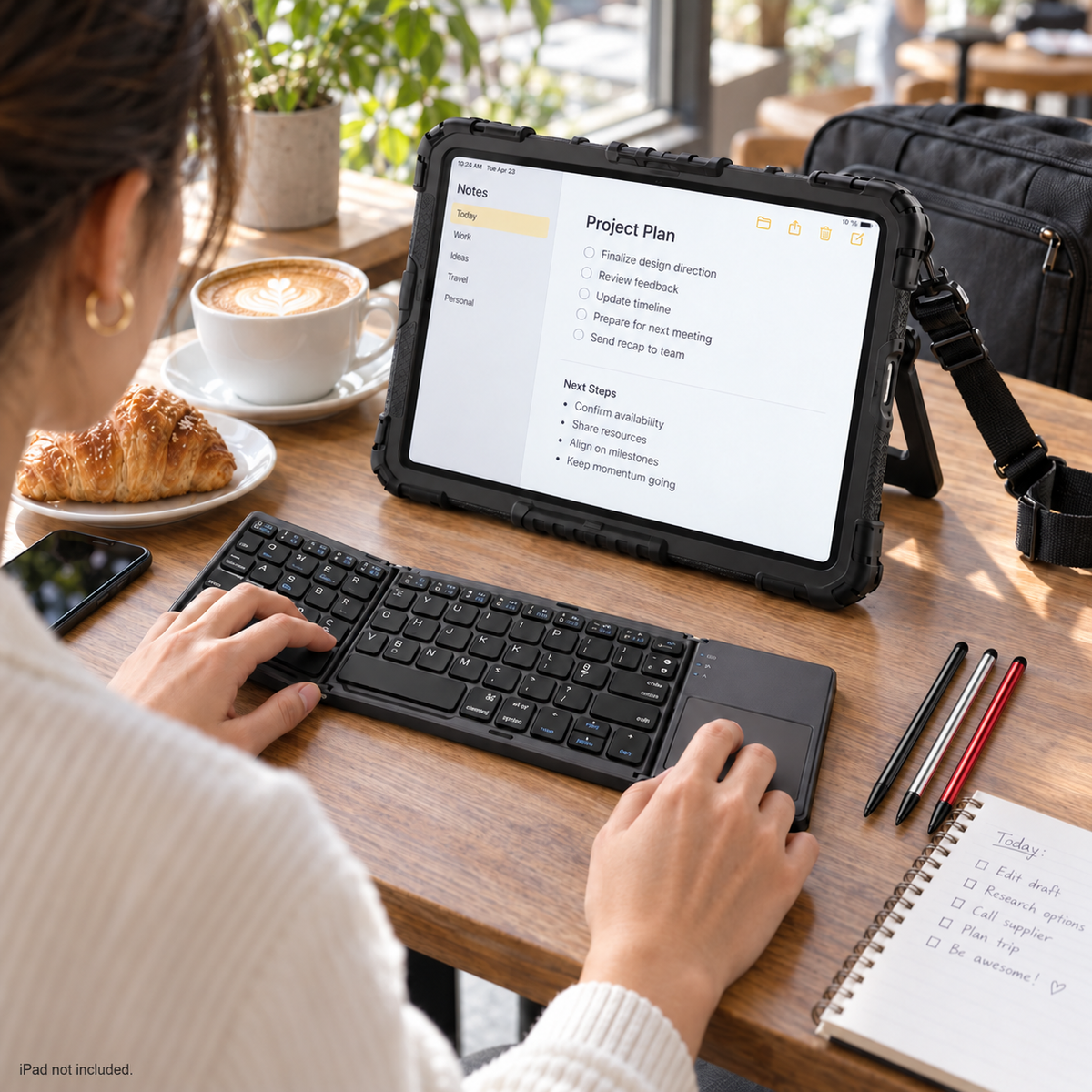 RhinoGuard ArmorPro WorkForce Fold lifestyle mobile with folding keyboard and black, silver and red stylus 3-pack