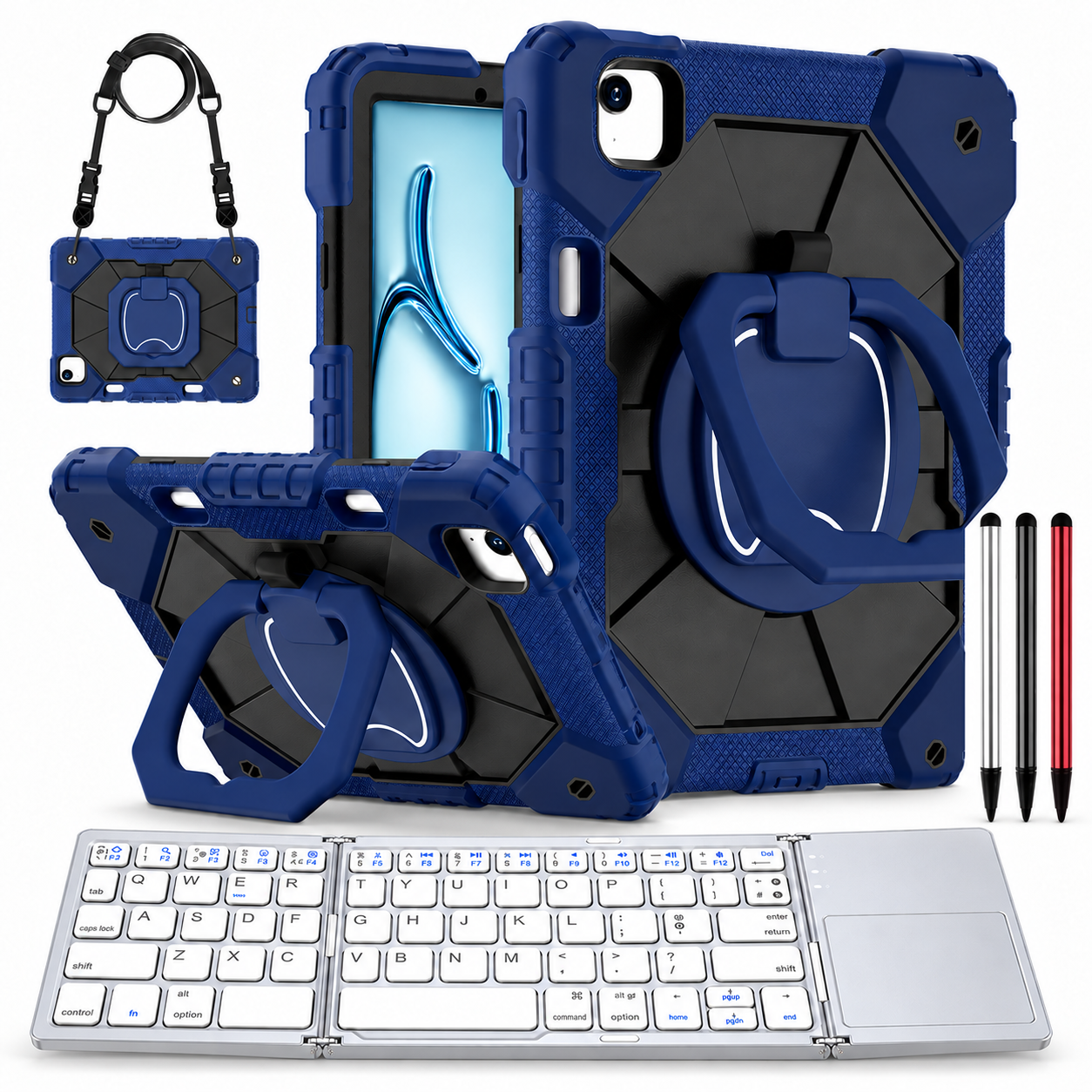 RhinoGuard ArmorPro WorkForce Fold: Navy Black iPad case, silver folding keyboard and black, silver and red stylus 3-pack