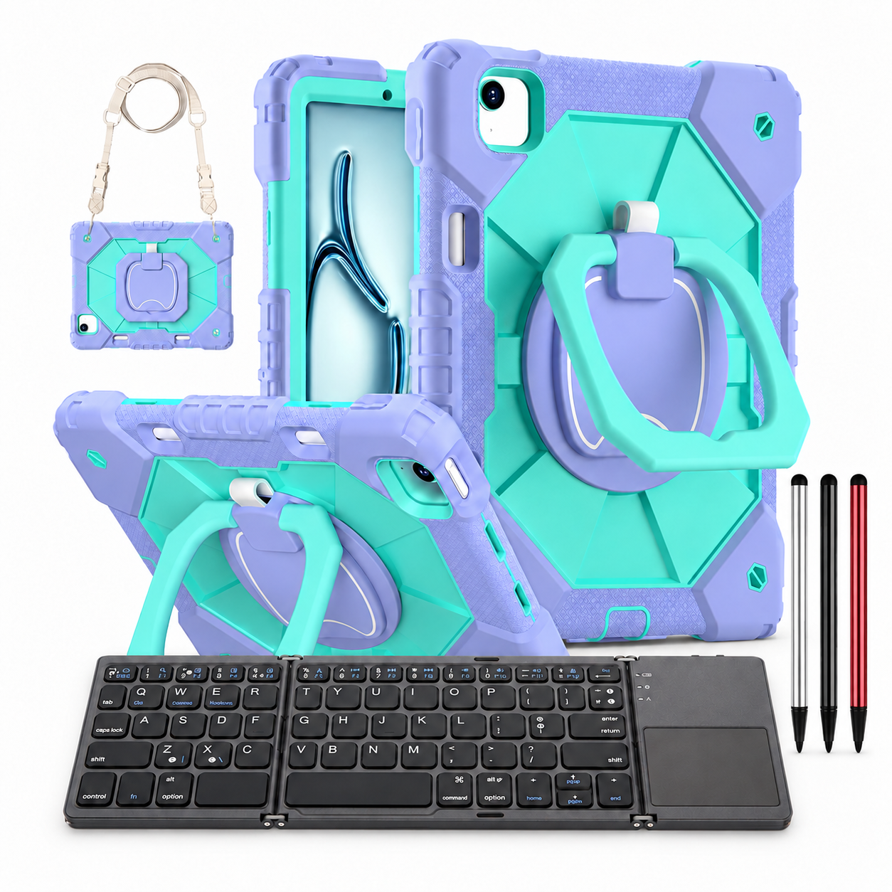RhinoGuard ArmorPro WorkForce Fold: Purple Mint iPad case, black folding keyboard and black, silver and red stylus 3-pack