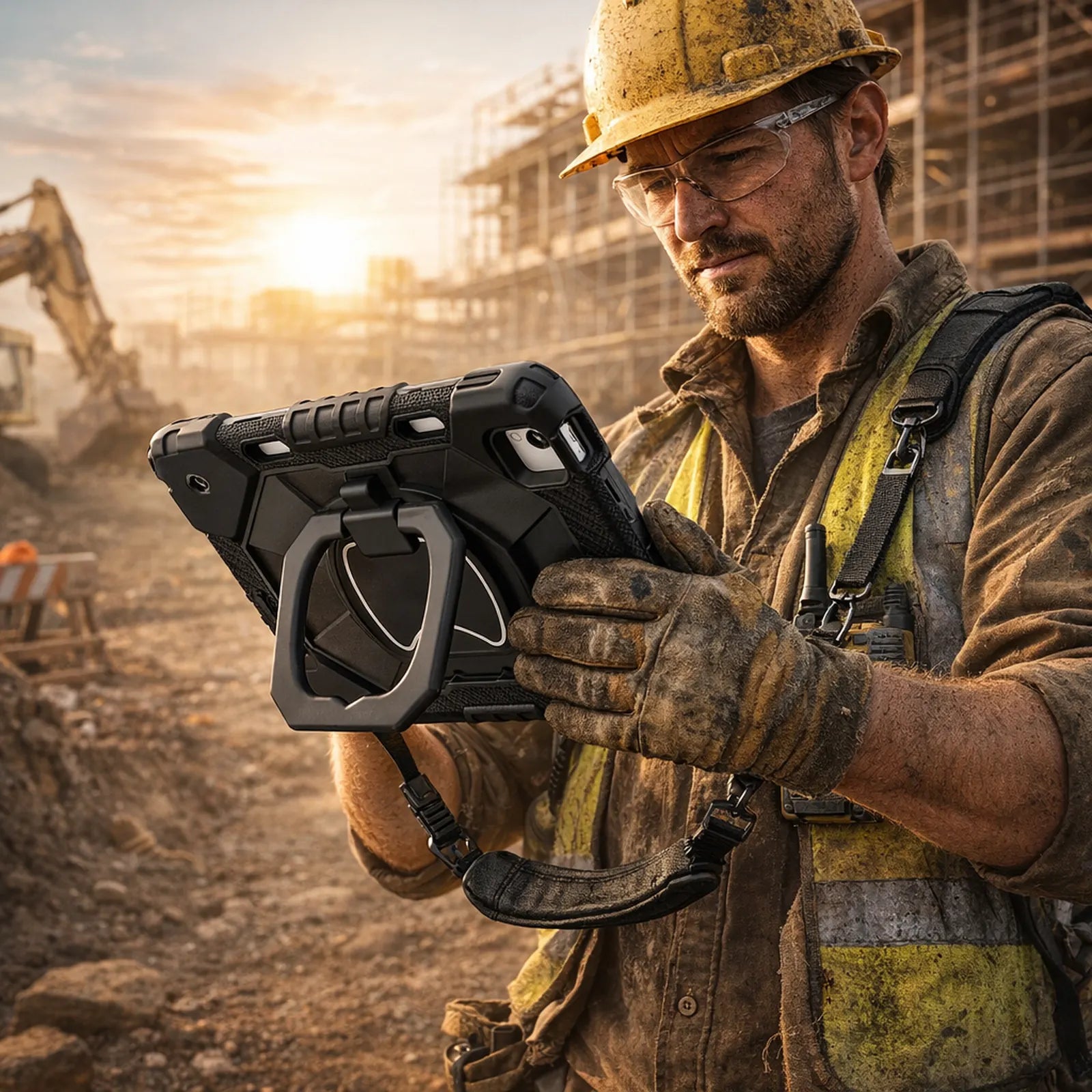 RhinoGuard ArmorPro iPad case in use with rotating hand strap at a construction site