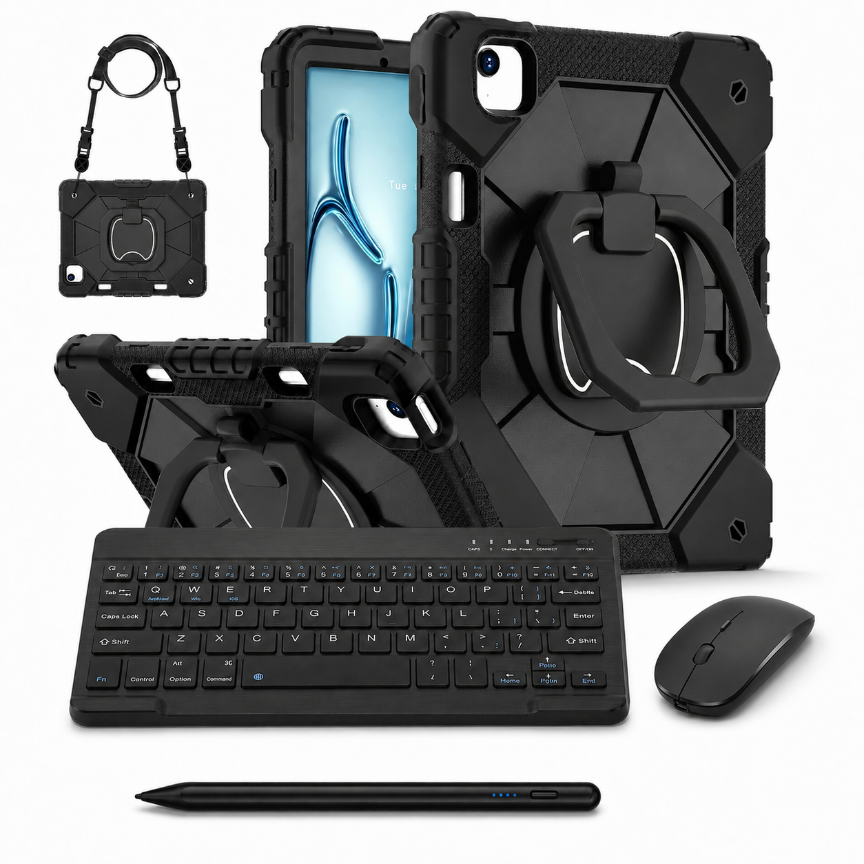RhinoGuard ArmorPro WorkForce Complete Black iPad case bundle with 10-inch wireless keyboard, mouse and universal touchscreen stylus