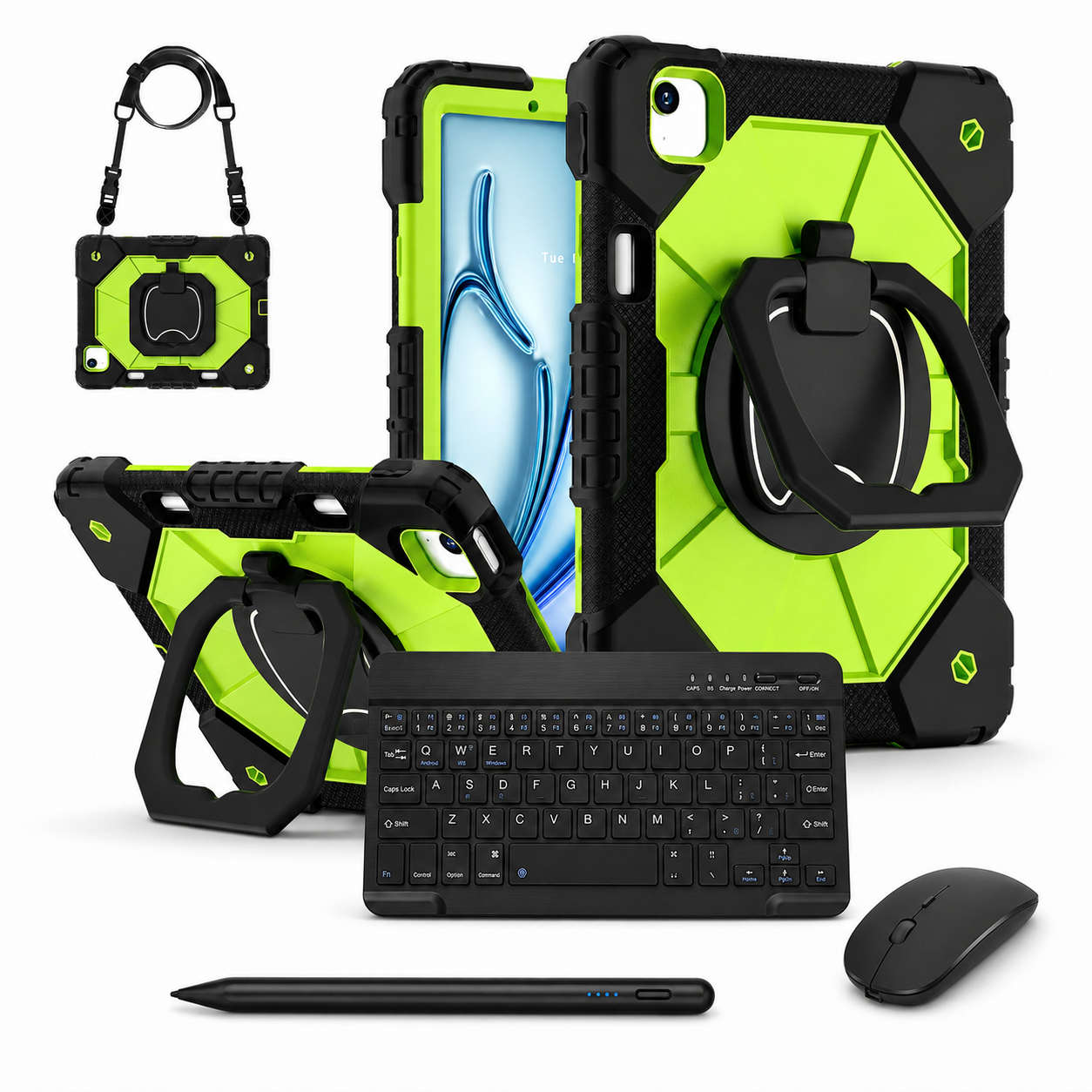 RhinoGuard ArmorPro WorkForce Complete Black / Green iPad case bundle with 10-inch wireless keyboard, mouse and universal touchscreen stylus