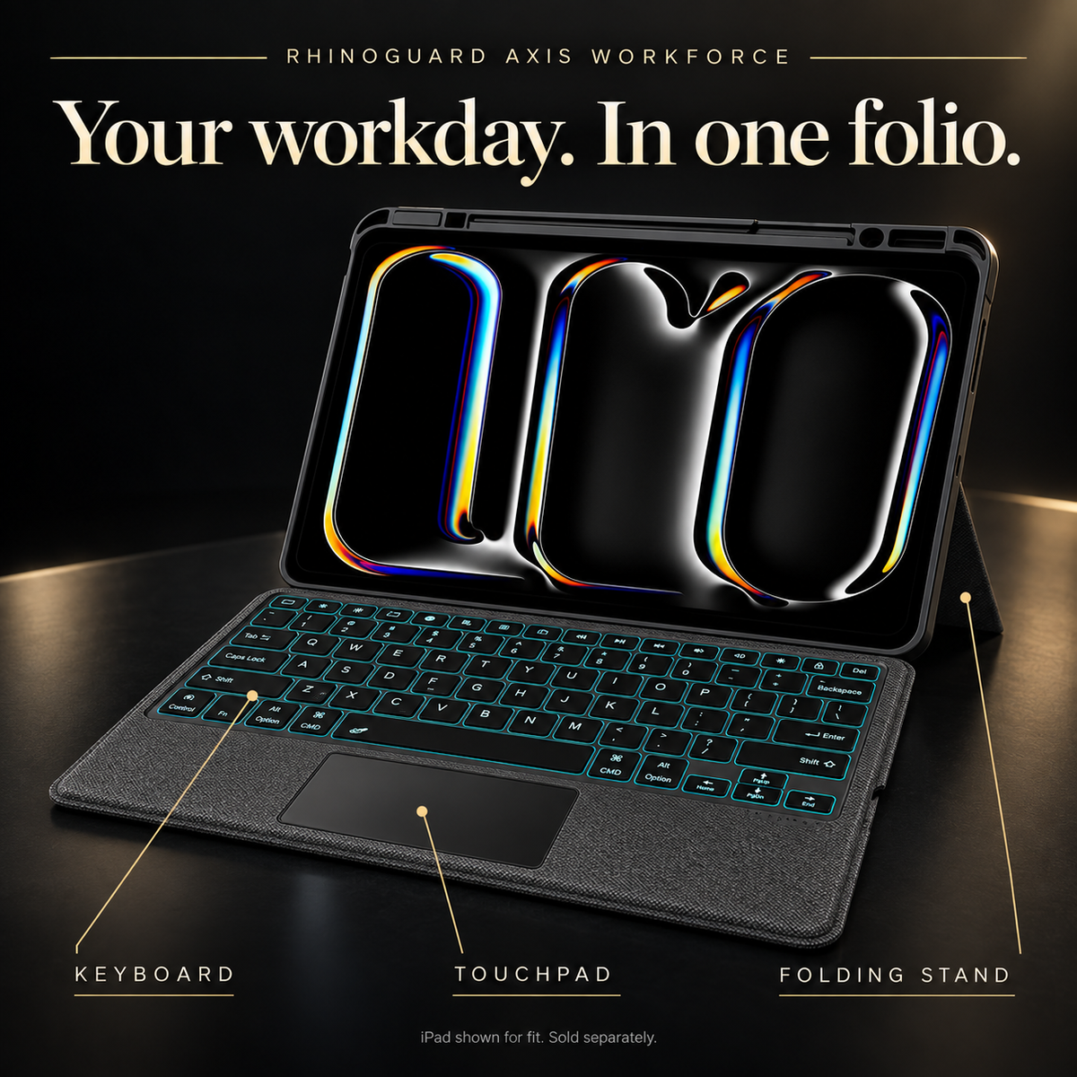 Your workday in one folio: detachable English keyboard, touchpad and rear stand